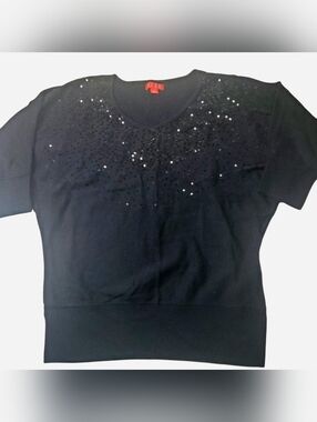 Vntg Y2K Elle Top Womens Small Black Sequin Blouse V-neck Stretch 3/4 Sleeves